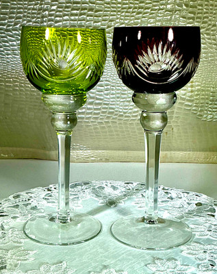 Bohemian Cut to Clear Glass Crystal 8'' Set of 2 Lime Amethyst Hock Wine Glasses