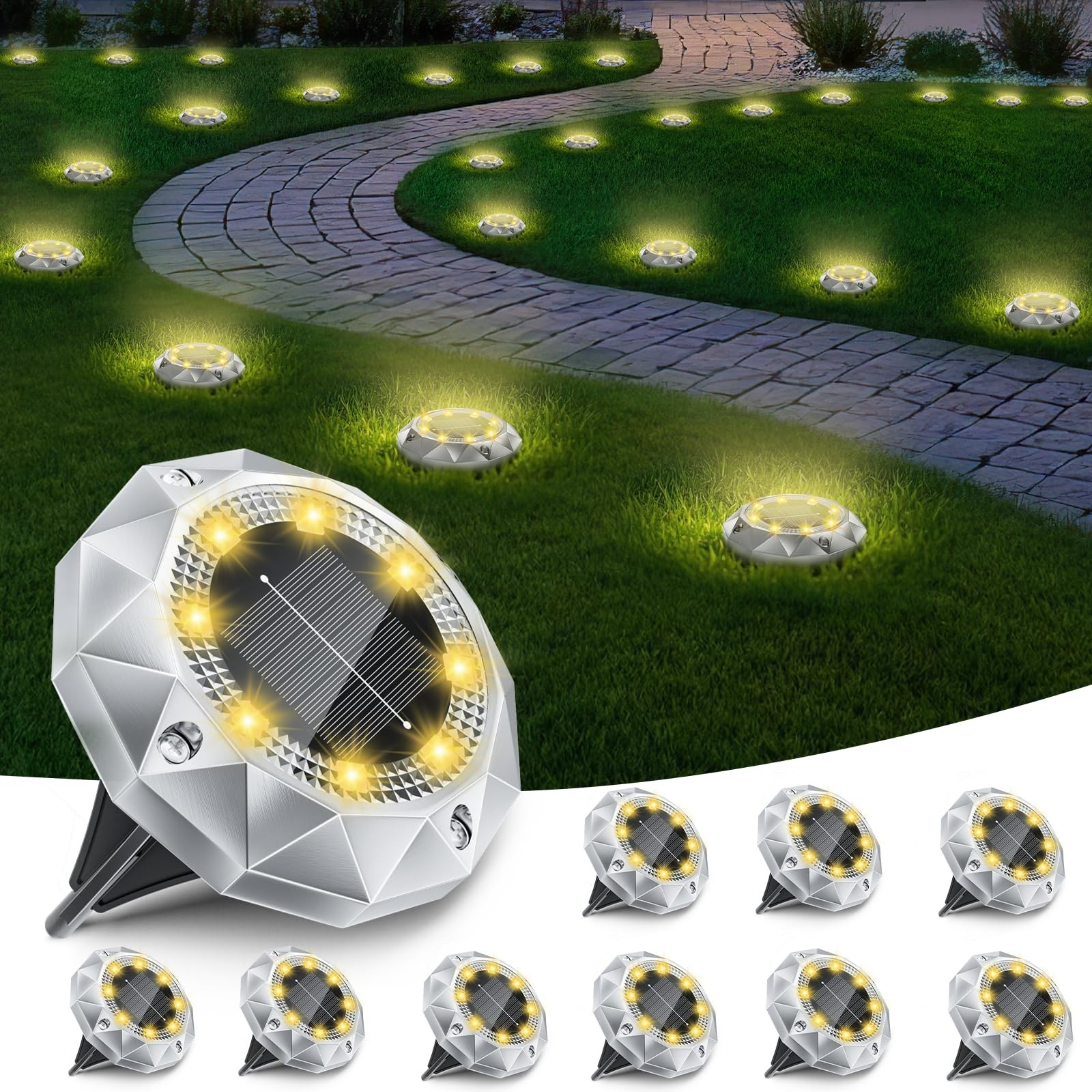 FIFlying 10 Pack Solar Lights Outdoor Garden, IP65 10 Pack, Warm White
