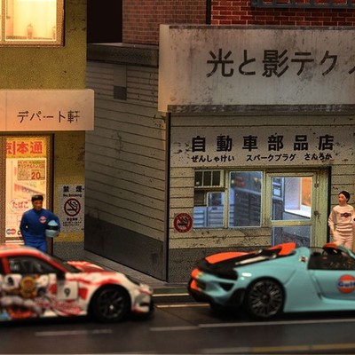 1:64 Diorama Auto-Garagenmodell LED Licht Stadtstraße Parkhaus Modell Toy