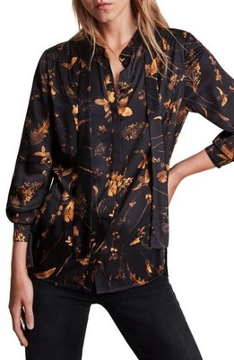 AllSaints Toni Heligan Leaf Floral Print Satin V-Neck Blouse Black Gold 6