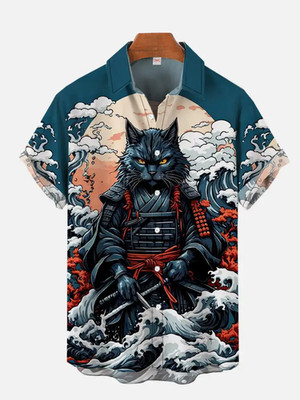 Herren Drachen Print Hawaii Hemd Samurai Katze 3D Sommer Kurzarm Freizeit Oberteil