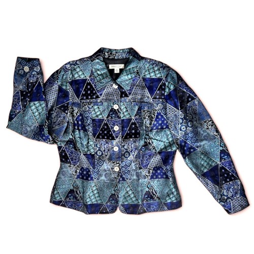Coldwater Creek Blue Blazer Womens Medium Teal Jacket Metallic Patchwork Cottage - 第 1/24 張圖片