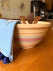 VTG Stoneware McCoy Ovenware Pottery 10" Banded Striped Bowl Pink Blue Farmhouse