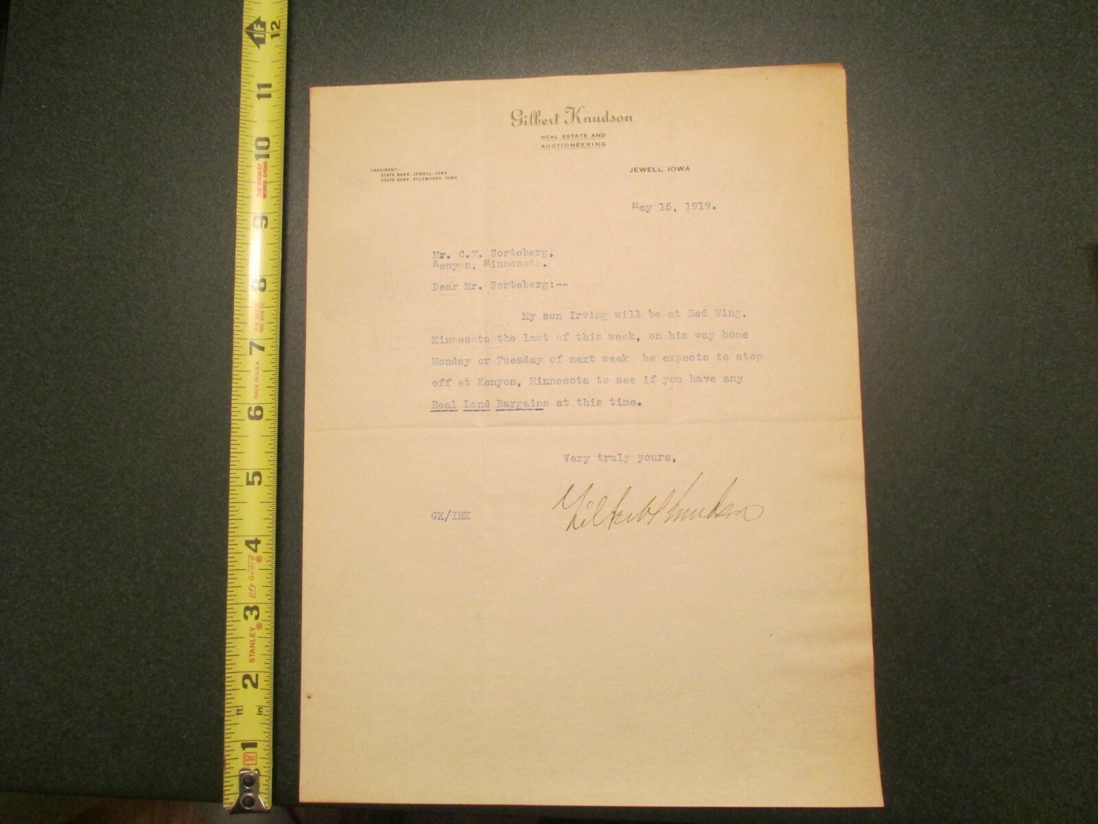 Gilbert Knudson Real Estate Auctioneering Jewell Iowa 1919 Letterhead