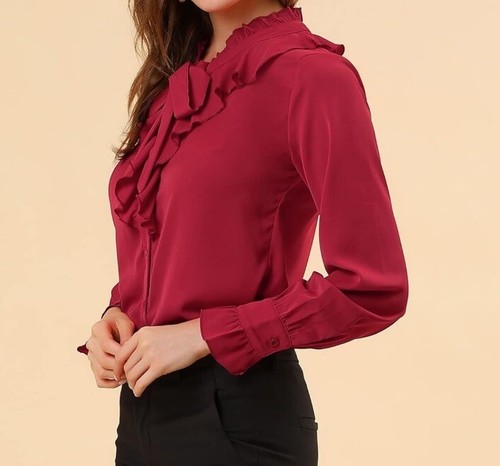 Women's Ruffle Neck Tie Neck Ruffle Cuff Button Front Solid Work Shirt - Picture 3 of 6