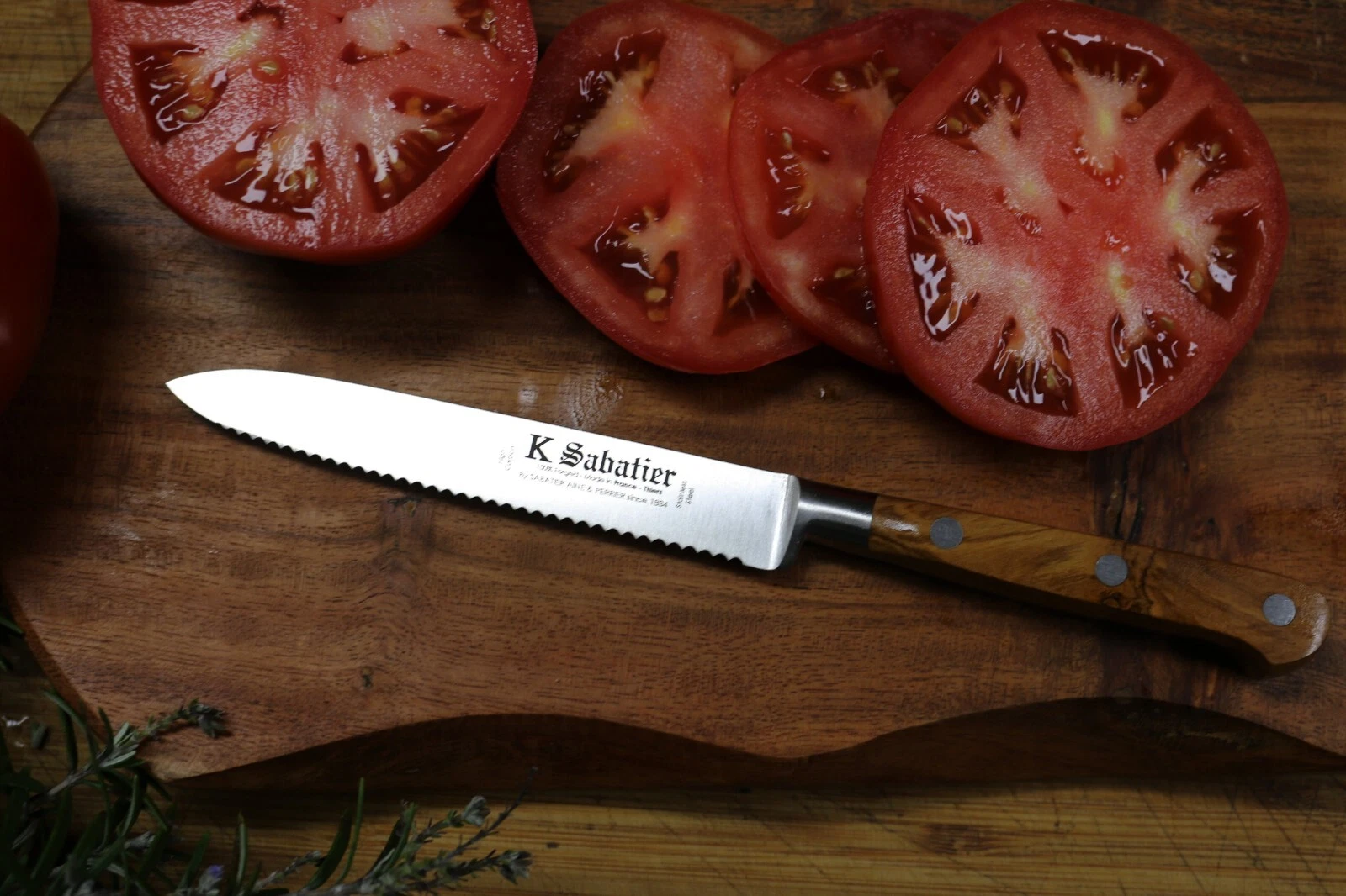 SABATIER 5 inch Tomato Knife .Olive Wood Handle. Made in Thiers France