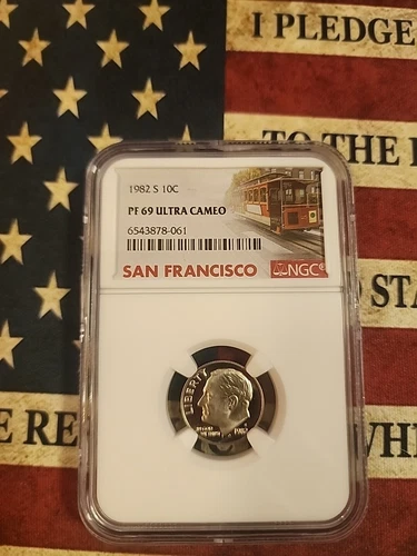 1982 S NGC PF69 ULTRA CAMEO CLAD PROOF ROOSEVELT DIME 10C TROLLY LABEL