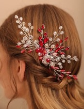 Bridal Hair Comb Red Rhinestone Wedding Hairpiece for Bride Bridesmaid Dainty...