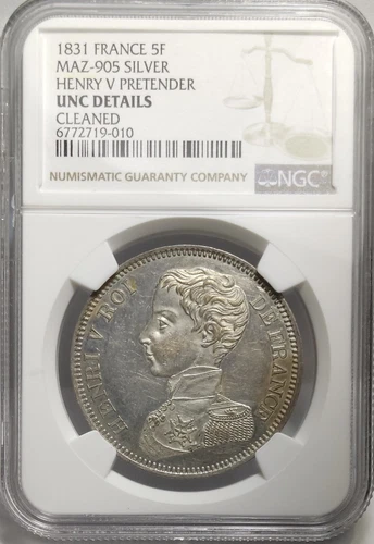 France - Essai de 5 Francs 1831  A.  Henri V Pretender. NGC UNC Details