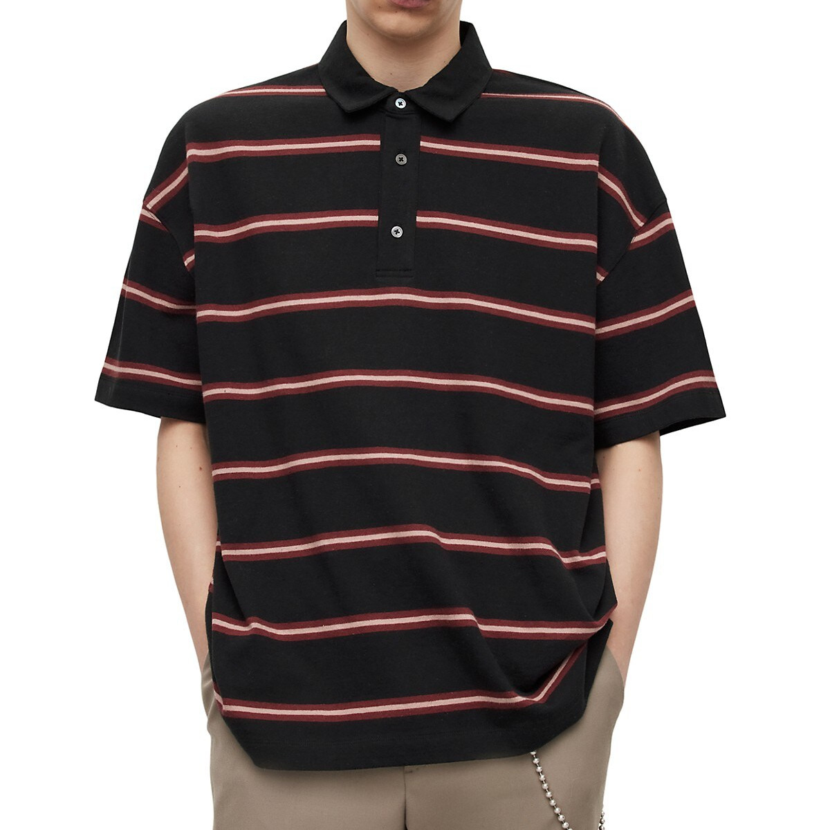 All Saints Mens Short Sleeve Arden Striped Cotton Polo Shirt Oversized Black 11390₽