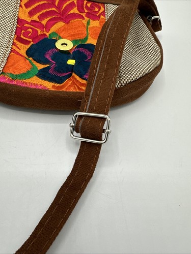 Guatemalan Suede Purse Bag Handbag Embroidered Convertible Crossbody Floral Org - Picture 10 of 12