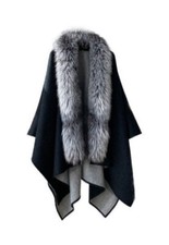 Women's New Black Grey Cashmere Wool Wrap Cape Silver Fox Fur CLEARANCE SALE