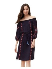 LOFT Navy Blue Off Shoulder Dress with Embroidery and Waist Tie Boho Size Med