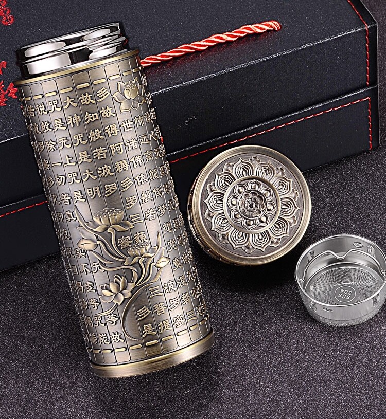 Water Cup Tea Filter Thermal Bottle Travel Buddhism Stainless Steel Heart Sutra