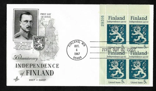 #1334  5c Finland Independence - ArtCraft FDCPB4 Plate #29316