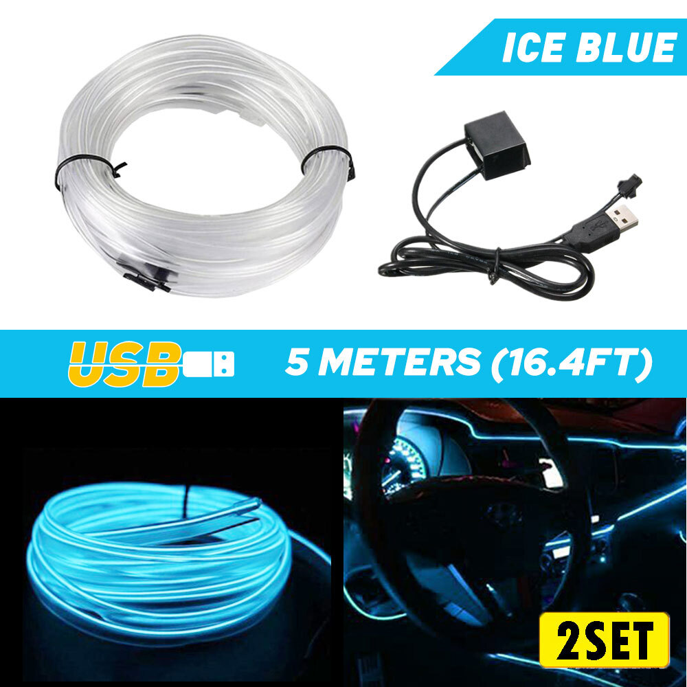 2SET 5M LED Car Interior Decor Atmosphere Wire EL USB Strip Lights Lamp Bulb Ice