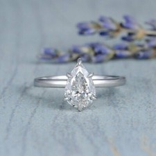 3Ct Pear VVS1 Moissanite Women's Solitaire Engagement Ring 14K White Gold Plated