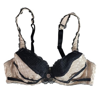 Aubade Paris Bra Tan Beige Black 32D Underwire Adj Strap Lace Trim Light Padding