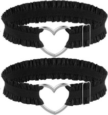 Black Ruffle Elastic Bridal Thigh Garter Pair with Silver-Tone Heart Ring