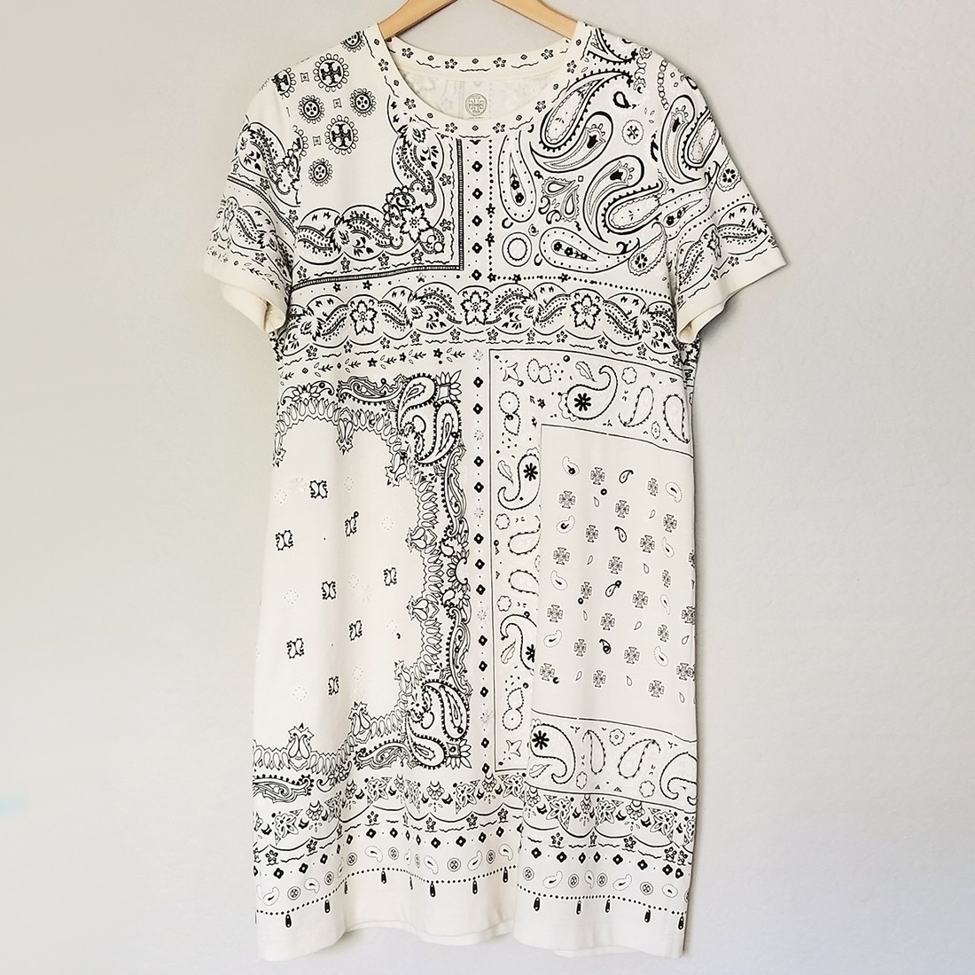Tory Burch Bandana Collection Print T Shirt Dress Sequins Beaded Cotton XL $258 thumbnail 2
