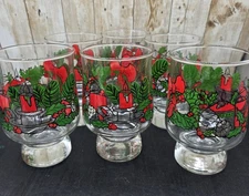 6 Vintage Libbey Christmas Holiday Footed Lowball Glasses Wreath Holly Berry