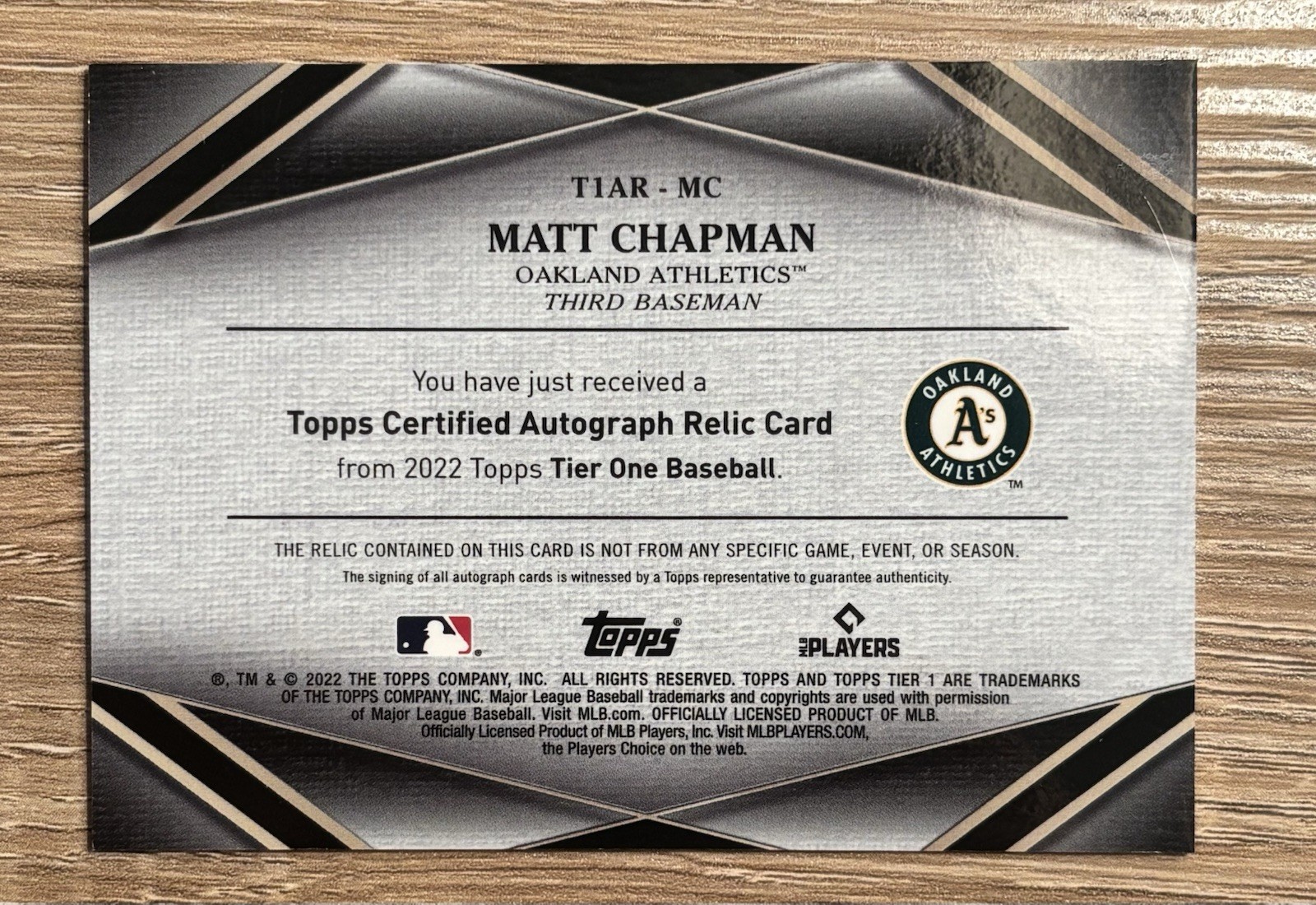 2022 Topps Tier One - Auto Tier One Relics Dual Patch Matt Chapman #/99 view 2