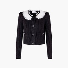 Self-Portrait Peter Pan Collar Cardigan Size S Black Shimmer Lace Collar Crystal