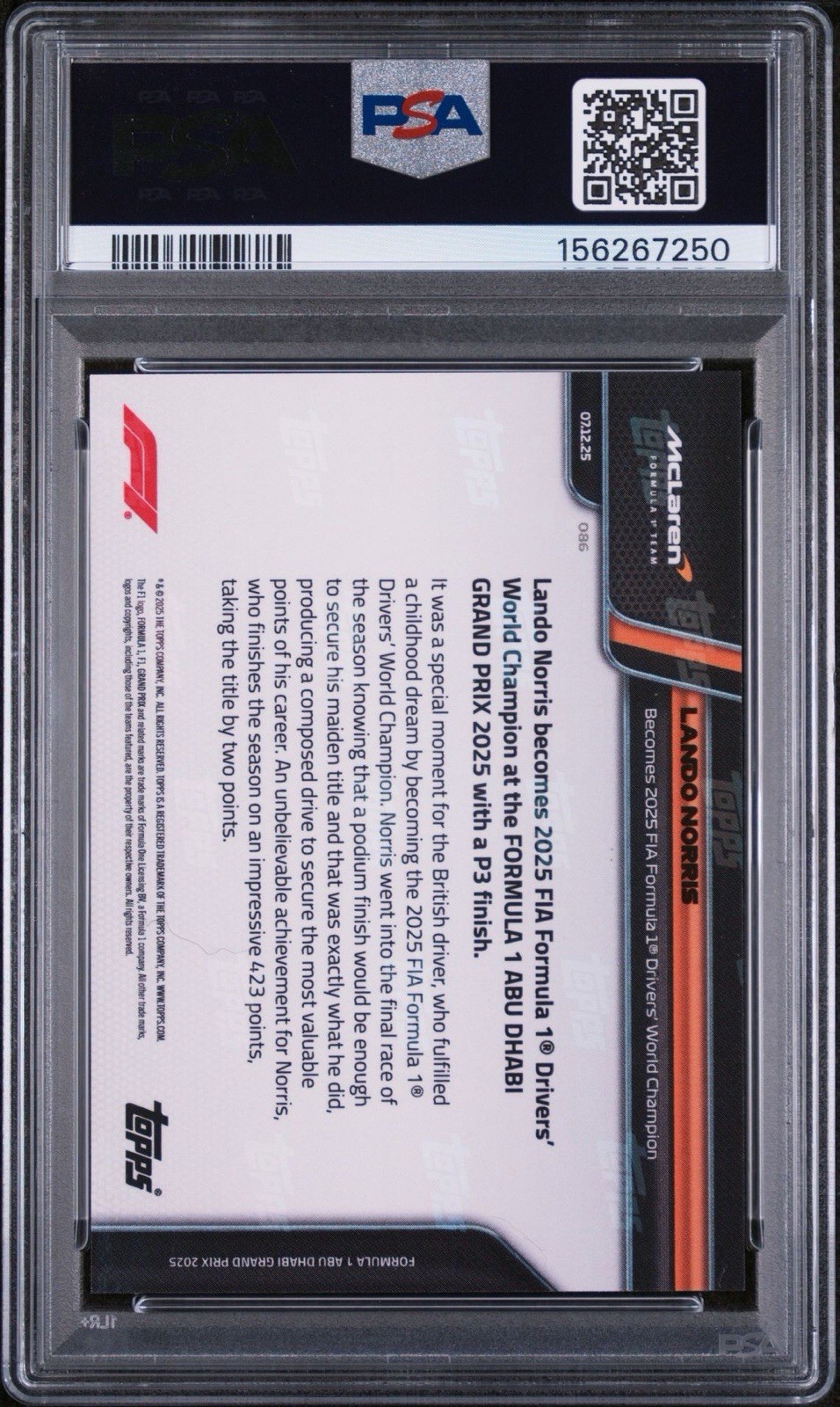 2025 Topps Now Formula 1 - Lando Norris #086 World Champion PSA 10 Gem Mint 💎 view 2