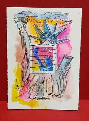 Postal Whimsy 1977 USA Statue Of Liberty ACEO OOAK Stamp Collage Watercolor