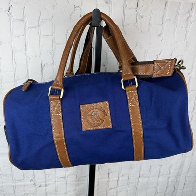 F.H. Wadsworth NYC Blue Matron Fabric Brown Leather Trim Zip Duffle Bag New