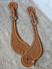 Pair Women Size Basketweave Tooled Adjustable Spur Straps Light Oil New