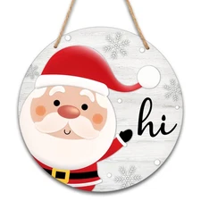Santa Welcome Sign 8" Round Wood Hanging Plaque Christmas Decor A10