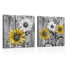 2 Pieces Rustic Daisy Flowers Bathroom Picture Wall Decor Yellow and Grey Art...