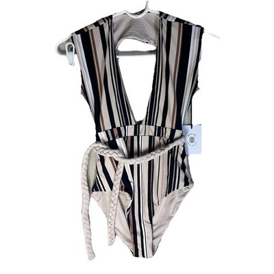 Revel Rey Women's nautical stripe Swim Suit one piece Belted Flattering  Xs NWT