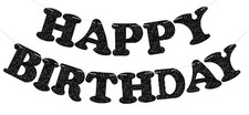 Happy Birthday Banner - Pre-Strung Black Glitter Party Decor - Ready to Use