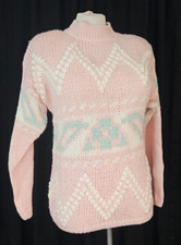 GENOA Collection Vintage Pink Teal White Knit Sweater Size M Feminine Pullover