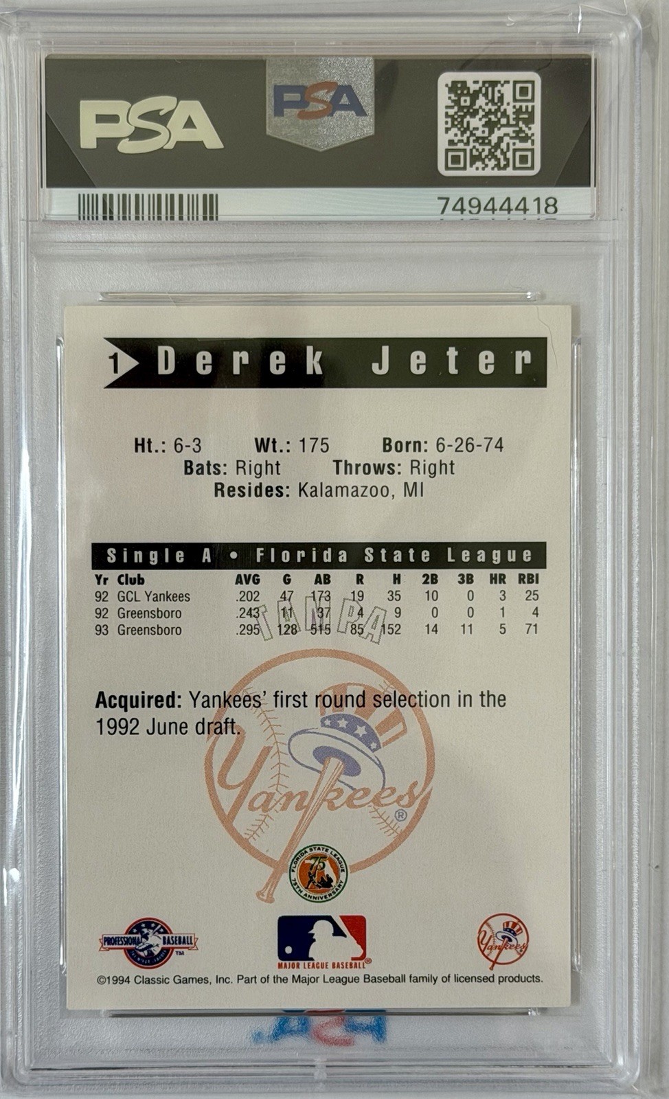 1994 Classic Derek Jeter Tampa Yankees #1 Rookie RC PSA 8 view 2