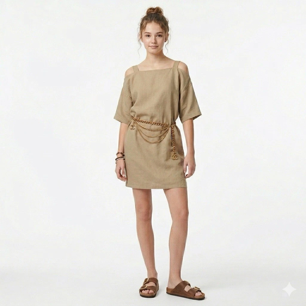Vintage Khaki Beige Raw Silk Cut Out Shift Dress - Medium
