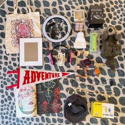 Junk Drawer Lot 25 Misc Items Vintage Costume Jewelry Plush Hats Crochet Tech