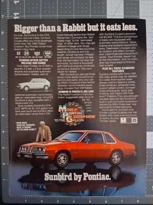 1980 Pontiac Sunbird Print Ad. Coupe. 4 Cyl. V6. ''Bigger Than a Rabbit...''