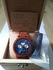 BOBO BIRD Herren Holzuhr Männeruhr Sandelholz Blau Quarz Stoppuhr Holzbox Neu
