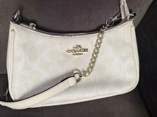 Coach White Signature Logo Shoulder Bag Zip Silver Hardware Chain Strap Pockets