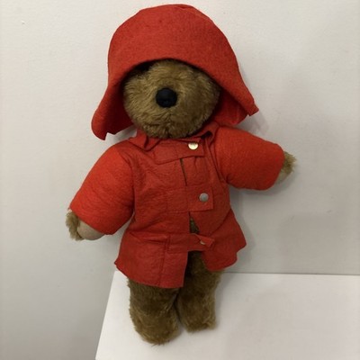 Vintage Stofftier braun Plüsch stehender Teddybär mit rotem Filzmantel und Hut 18 Zoll