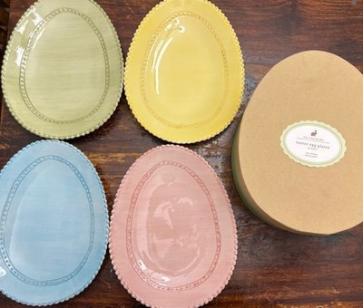 Pottery Barn EASTER Egg Shaped Yellow Pink Blue Green Plates (Set of 4) w Box