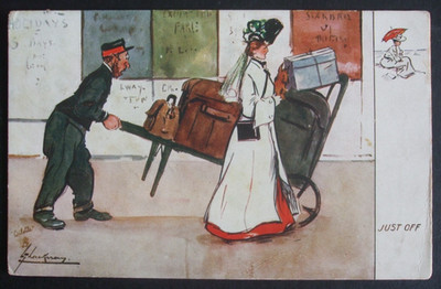 LANCE THACKERAY Comic EISENBAHN BAHNHOF ZUGPORTIER DAME GERADE AN GEPÄCK URLAUB