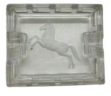 Art Deco Heavy Glass Ashtray Rearing Horse Mustang Greek Key Outer Border Signed