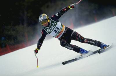 Paul Accola of Switzerland skies in the Men Downhill Practice duri- Old Photo