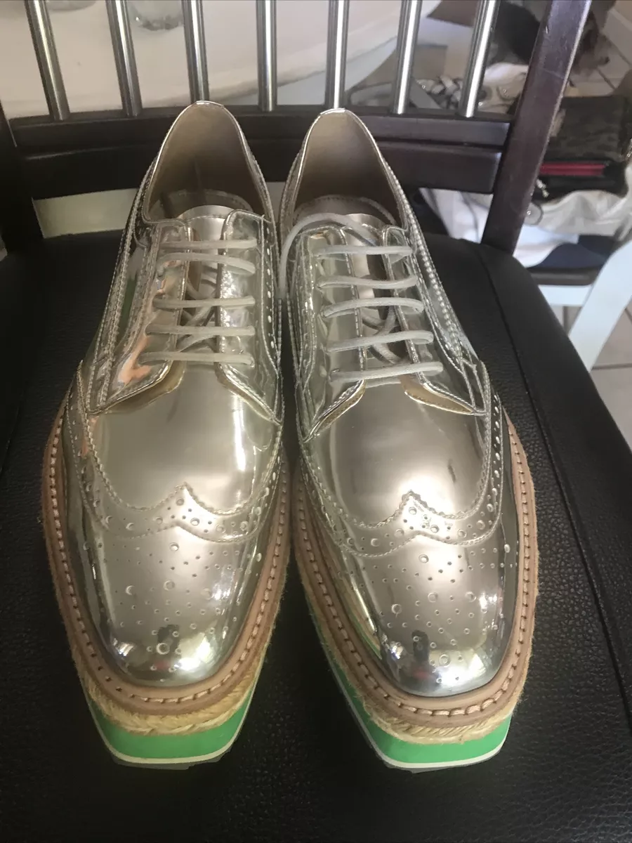 Prada Platform Shoes Women Sliver Green Size EU #38 , US # 7.5 ,NEW , FREE  SH