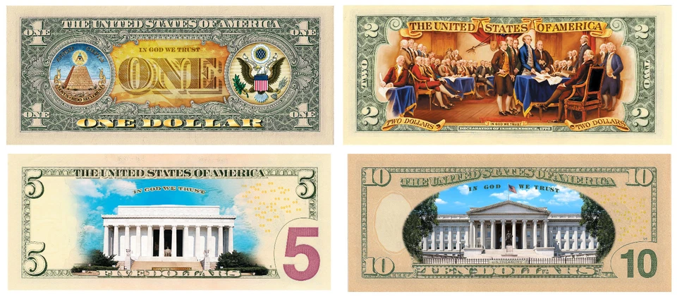 Set of 4 - COLORIZED 2-SIDED US Bills Currency $1/$2/$5/$10 Genuine Legal Tender - Image 2 of 3