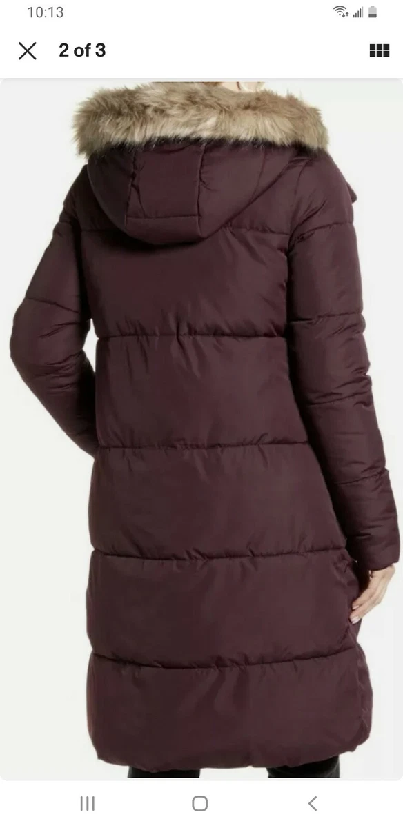 NWT RACHEL PARCELL Hooded Puffer Coat with Faux Fur Trim Red Grape
